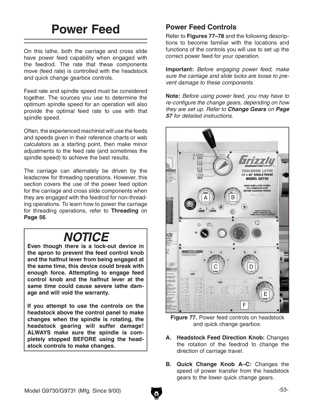 Grizzly G97030 owner manual Power Feed Controls, GZZgidFigures 77-78VcYiZdaadlc\YZhXge 