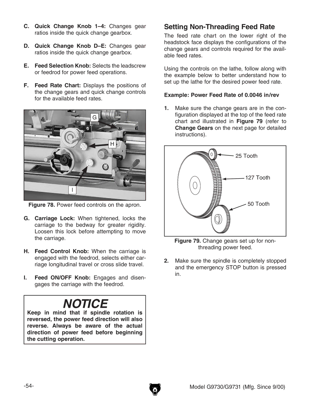 Grizzly G97030 owner manual Setting Non-Threading Feed Rate, Example Power Feed Rate of 0.0046 in/rev, Iddi 