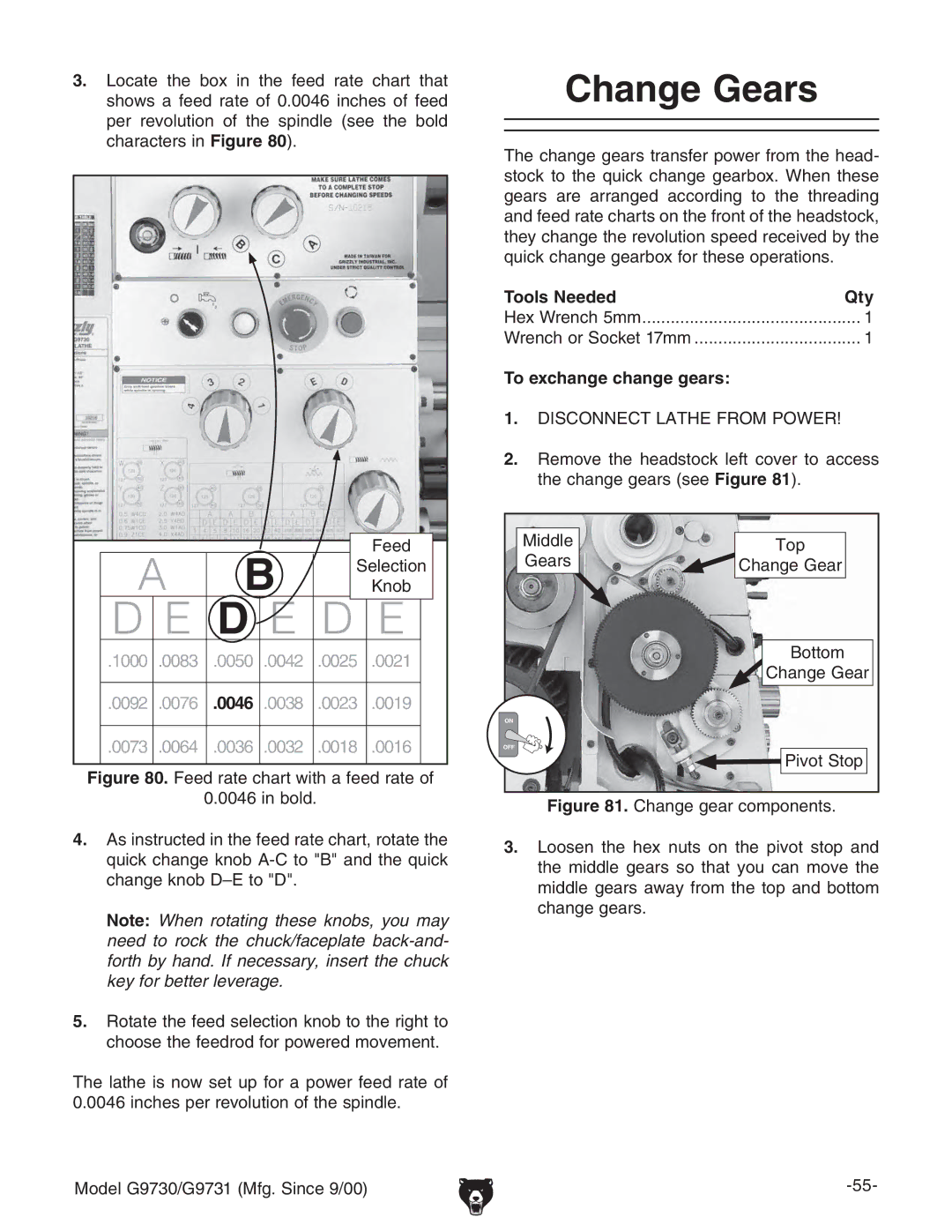 Grizzly G97030 owner manual Change Gears, To exchange change gears, Ide, ZVgh 8Vc\ZZVg 7diidb EkdiHide 