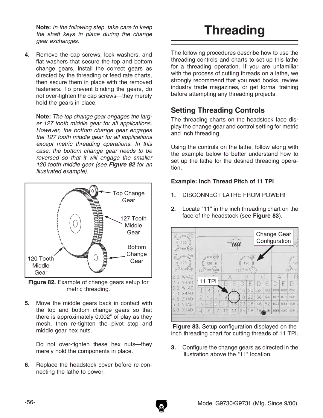 Grizzly G97030 owner manual Setting Threading Controls, Example Inch Thread Pitch of 11 TPI 