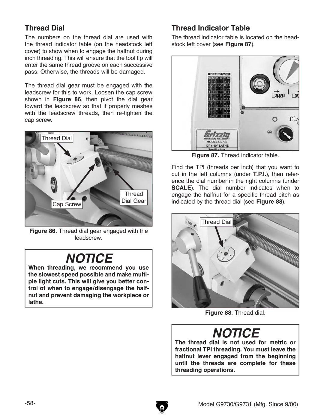 Grizzly G97030 owner manual Thread Dial, Thread Indicator Table, IgZVY9Va 8VeHXgZl 9VaZVg 