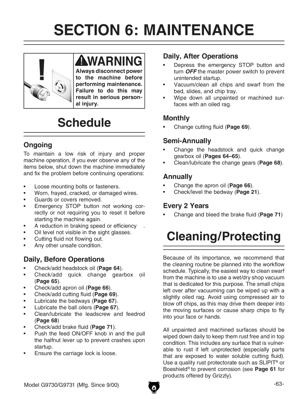 Grizzly G97030 owner manual Schedule, Cleaning/Protecting 