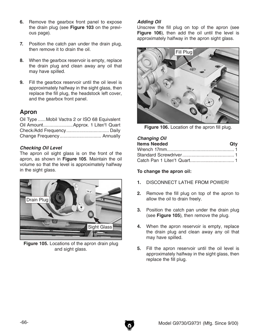 Grizzly G97030 owner manual Apron, 9gVcEaj\ \iaVhh, To change the apron oil 