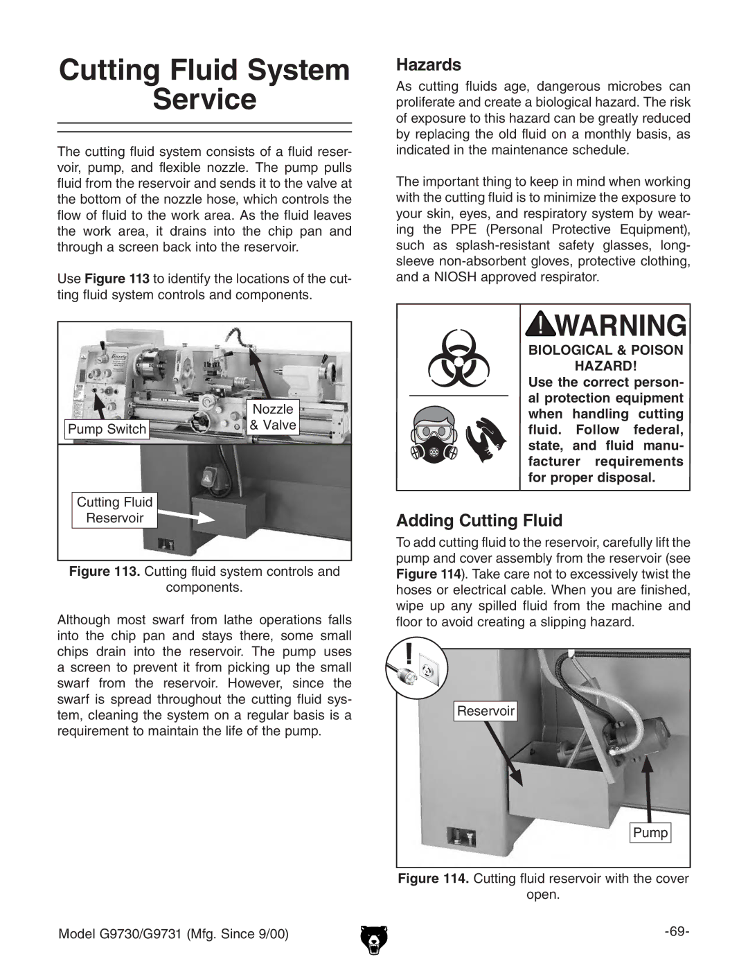 Grizzly G97030 owner manual Cutting Fluid System Service, Hazards, Adding Cutting Fluid, GZhZgkdg Ejbe 