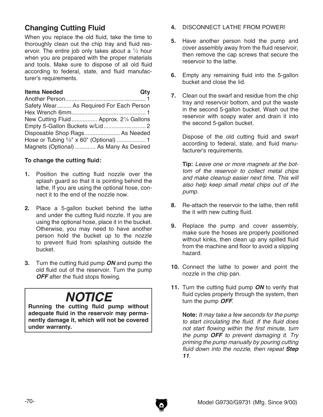 Grizzly G97030 owner manual Changing Cutting Fluid, To change the cutting fluid, 9H8DCC8IA6I=GDBEDLG 