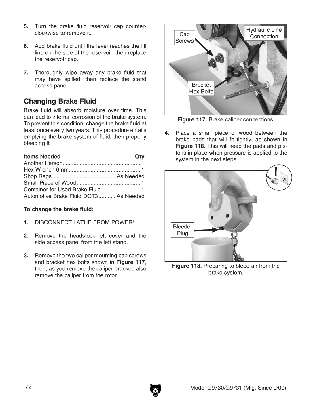 Grizzly G97030 Changing Brake Fluid, 8Ve HXgZlh 7gVX`Zi =Zm7daih =nYgVjaXAcZ 8dccZXidc, To change the brake fluid 