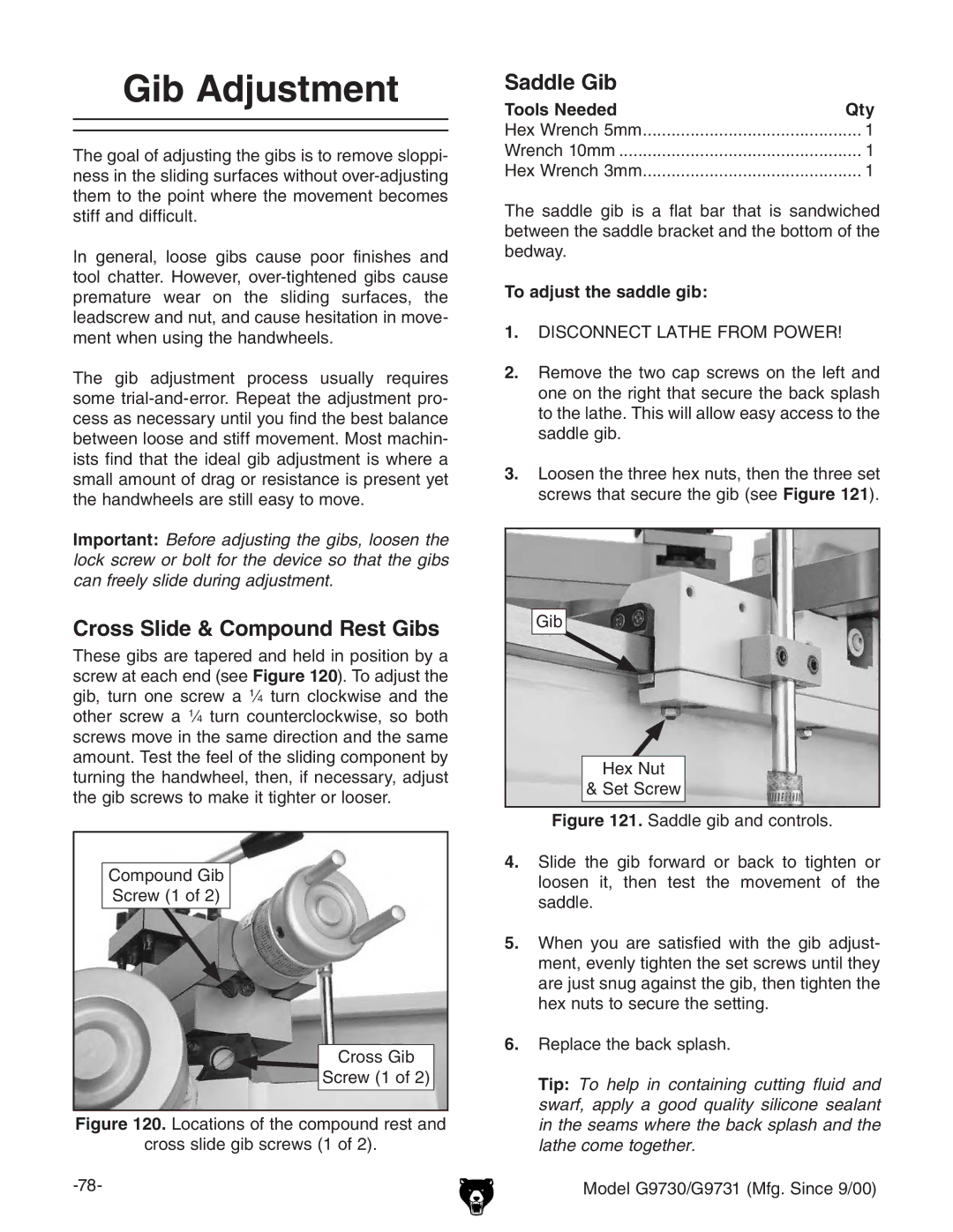 Grizzly G97030 owner manual Gib Adjustment, Cross Slide & Compound Rest Gibs, Saddle Gib, To adjust the saddle gib 