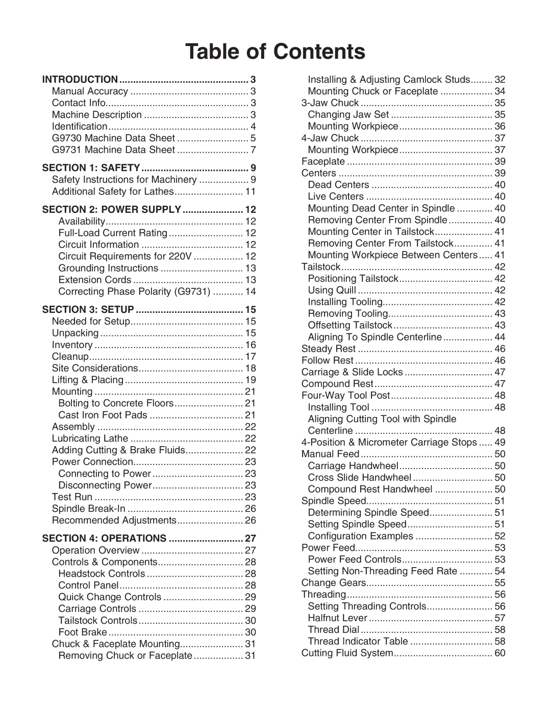 Grizzly G97030 owner manual Table of Contents 