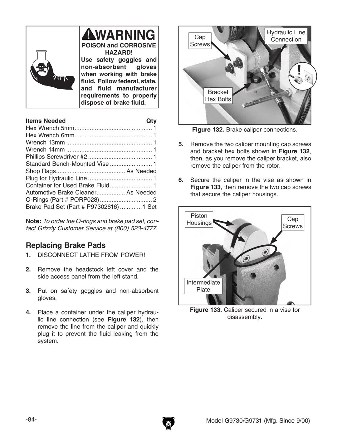 Grizzly G97030 owner manual Replacing Brake Pads, Ehidc 8Ve =djhc\h HXgZlh CiZgbZYViZ EaViZ 