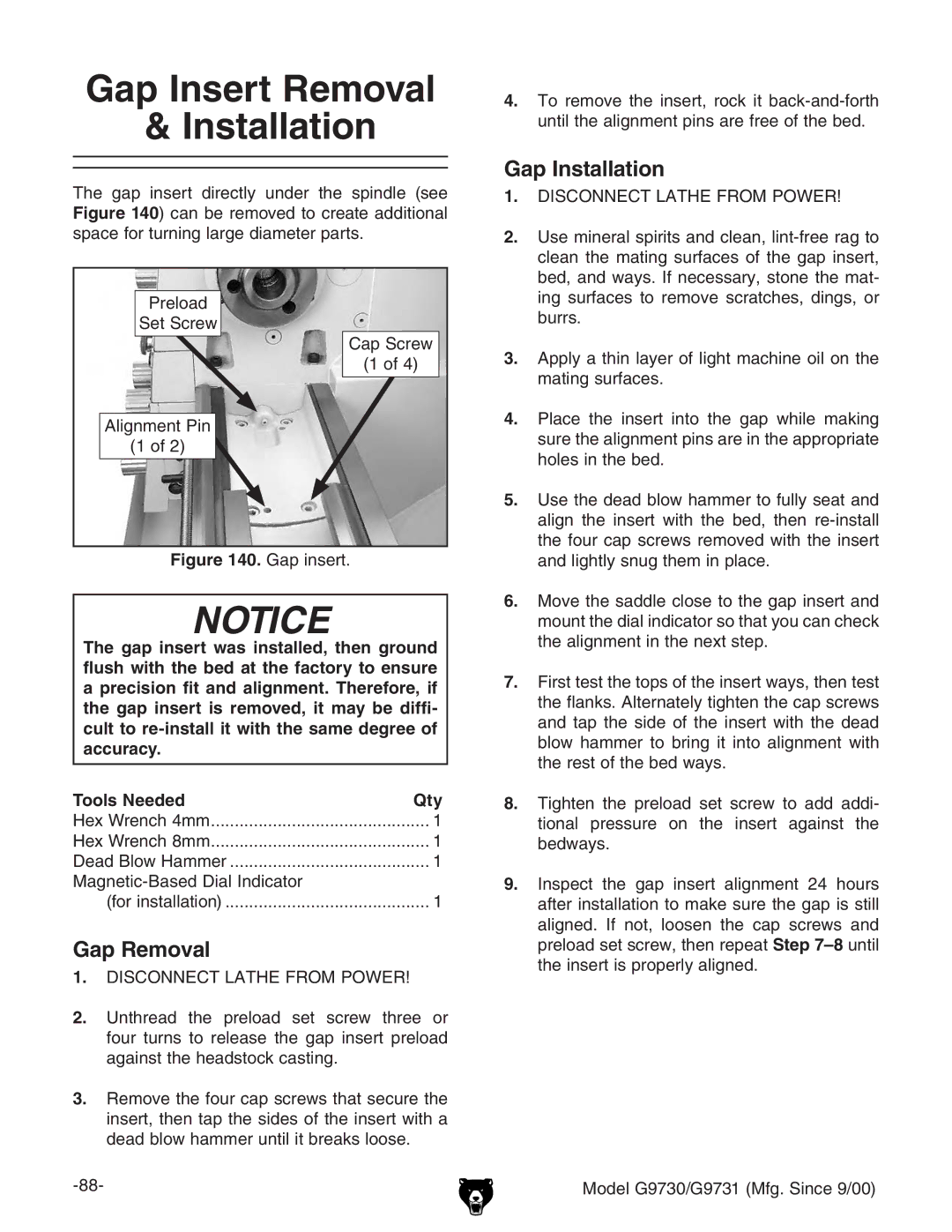 Grizzly G97030 owner manual Gap Insert Removal Installation, Gap Removal, Gap Installation 