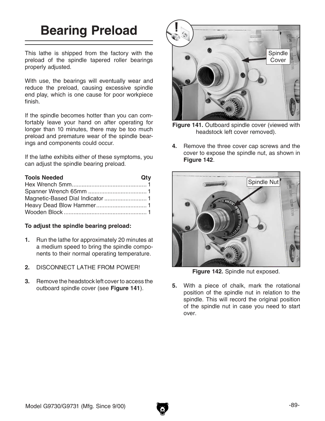 Grizzly G97030 owner manual Bearing Preload, To adjust the spindle bearing preload 