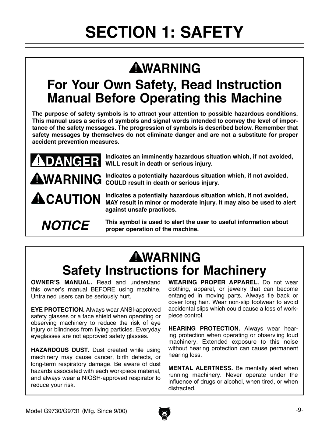 Grizzly G9731, G9730 owner manual Safety Instructions for Machinery, DWhZgkc\ bVXcZgn id gZYjXZ iZ gh` d ZnZ 