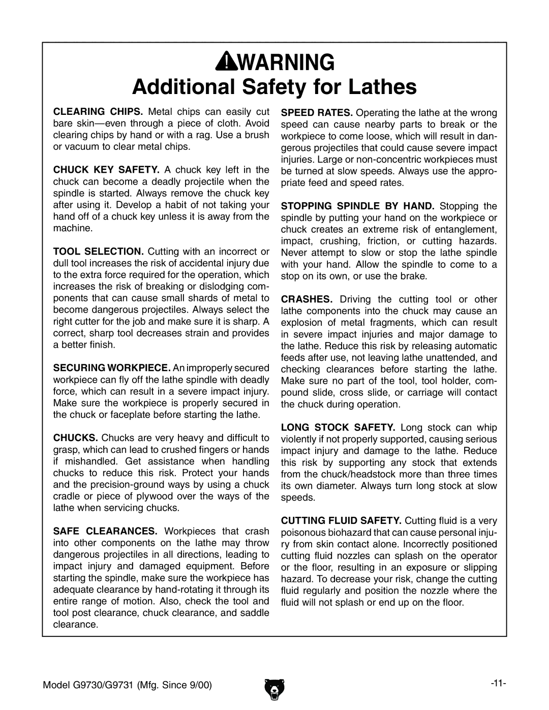 Grizzly G9731, G9730 owner manual Additional Safety for Lathes 