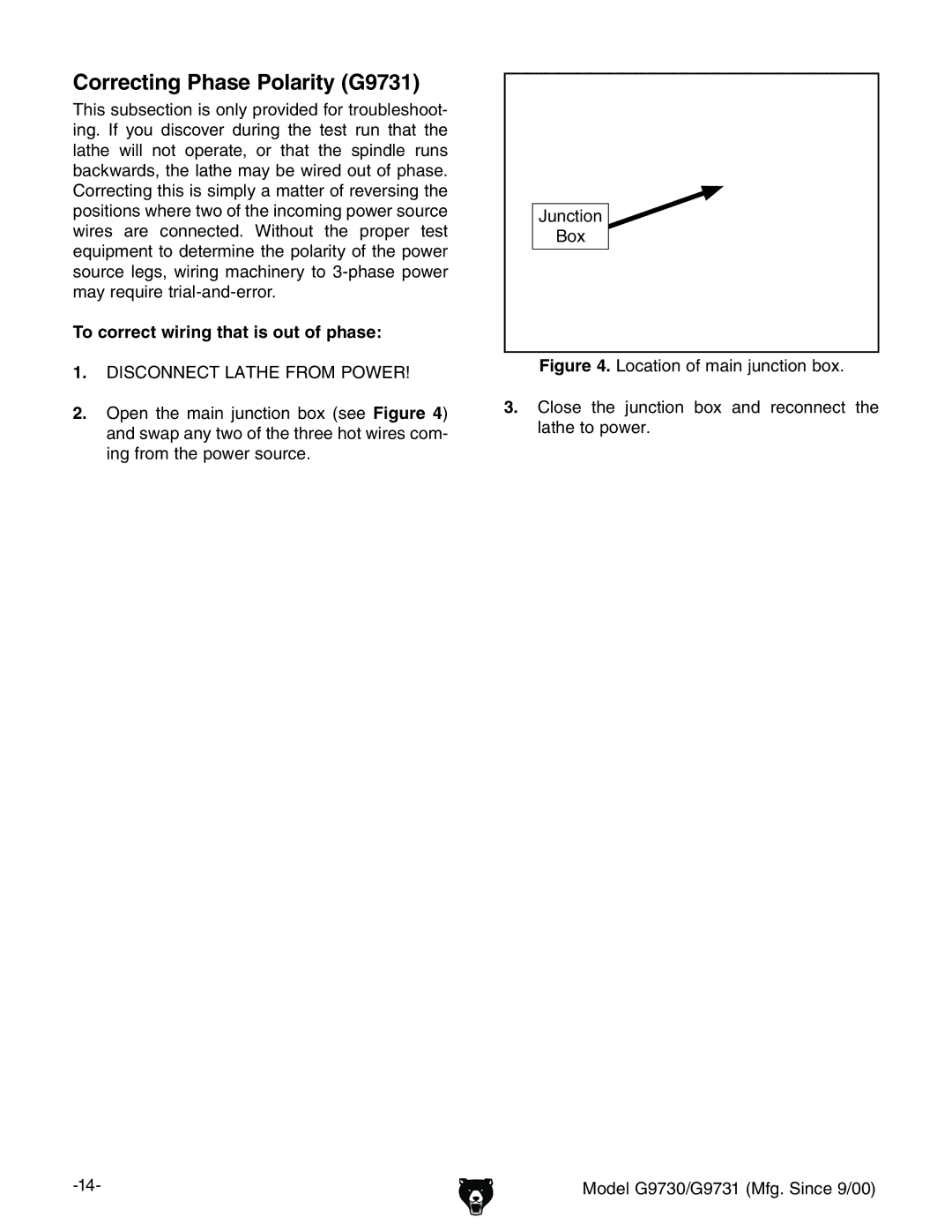 Grizzly G9730 Correcting Phase Polarity G9731, To correct wiring that is out of phase,  9H8DCC8IA6I=GDBEDLG 