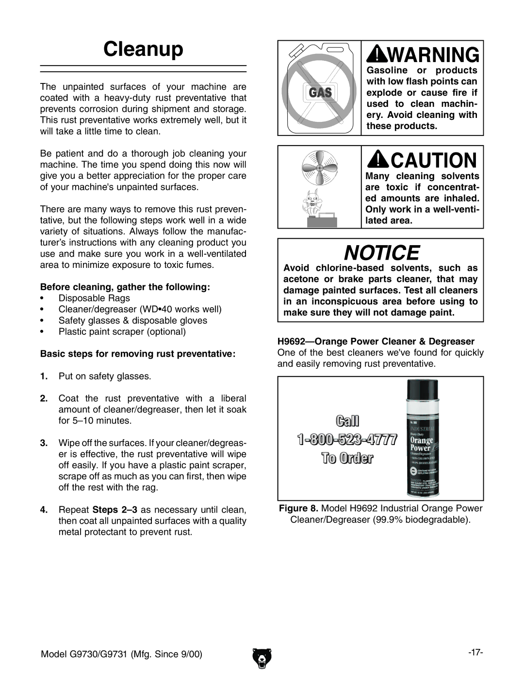 Grizzly G9731, G9730 owner manual Cleanup, Basic steps for removing rust preventative,  EjidchVZin\aVhhZh# 