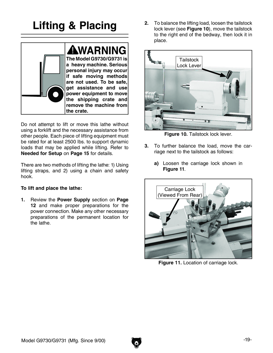 Grizzly G9731, G9730 owner manual Lifting & Placing, To lift and place the lathe, IVahidX` AdX`AZkZg 