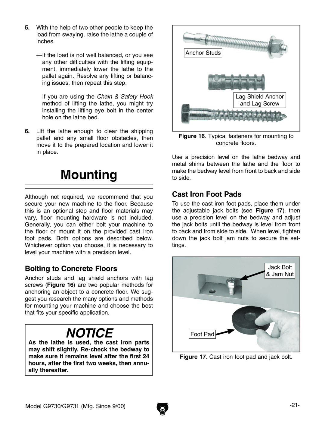 Grizzly G9731, G9730 owner manual Mounting, Bolting to Concrete Floors, Cast Iron Foot Pads, DdiEVY 