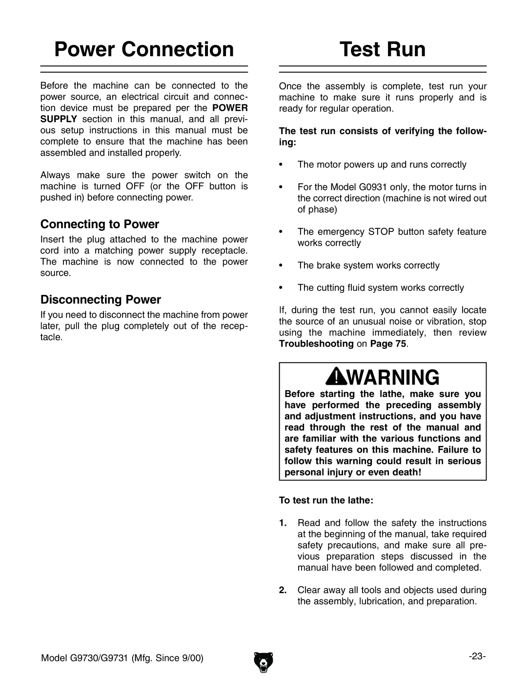 Grizzly G9731, G9730 owner manual  Power Connection Test Run, Connecting to Power, Disconnecting Power 