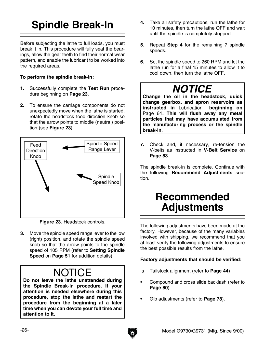 Grizzly G9730, G9731 owner manual Spindle Break-In, Recommended Adjustments, To perform the spindle break-in 