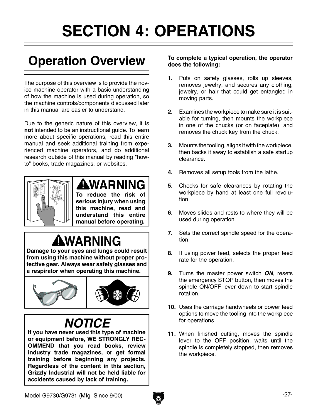 Grizzly G9731, G9730 owner manual Operation Overview,  BdjcihiZiddac\!Va\chiliiZldg`eZXZ! 