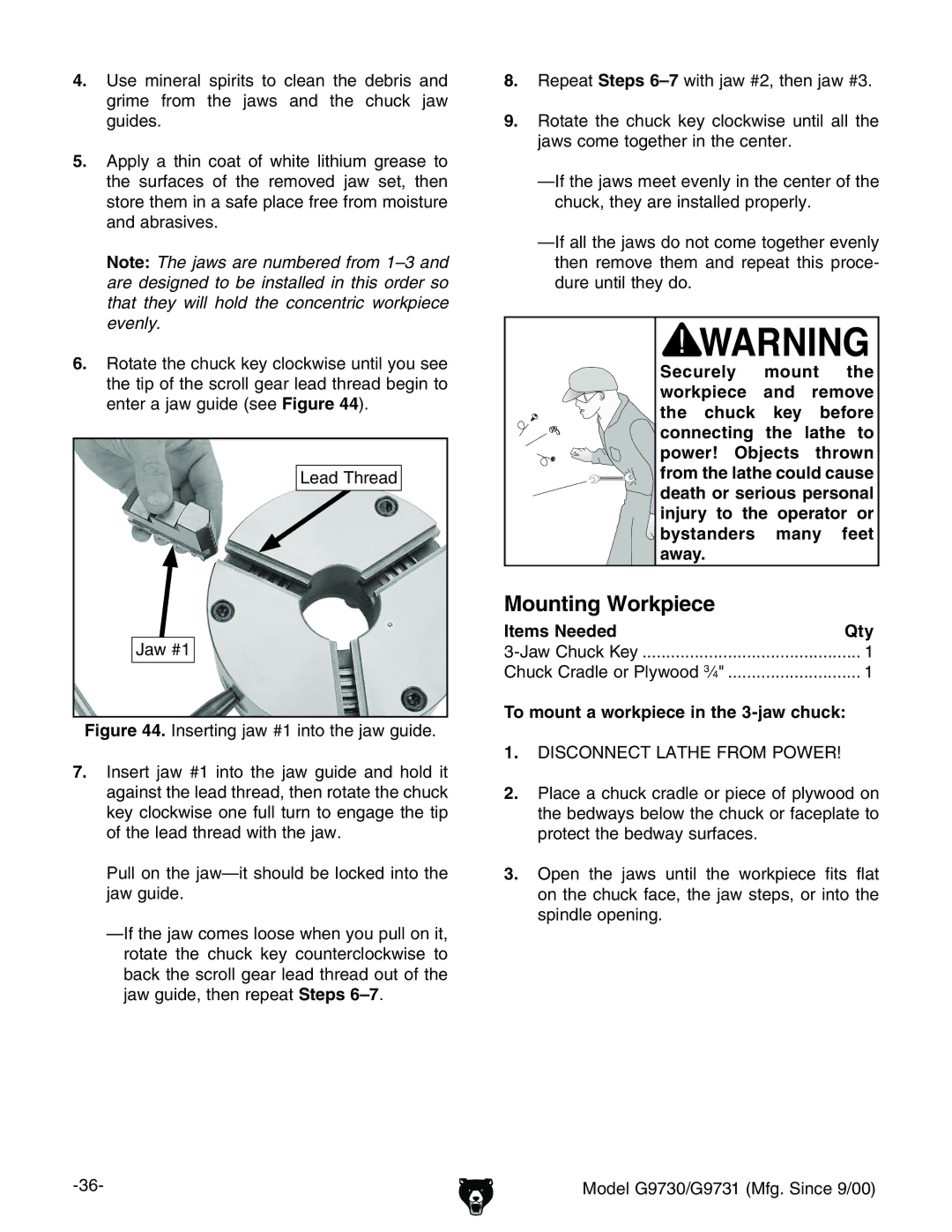 Grizzly G9730, G9731 owner manual Mounting Workpiece, To mount a workpiece in the 3-jaw chuck 