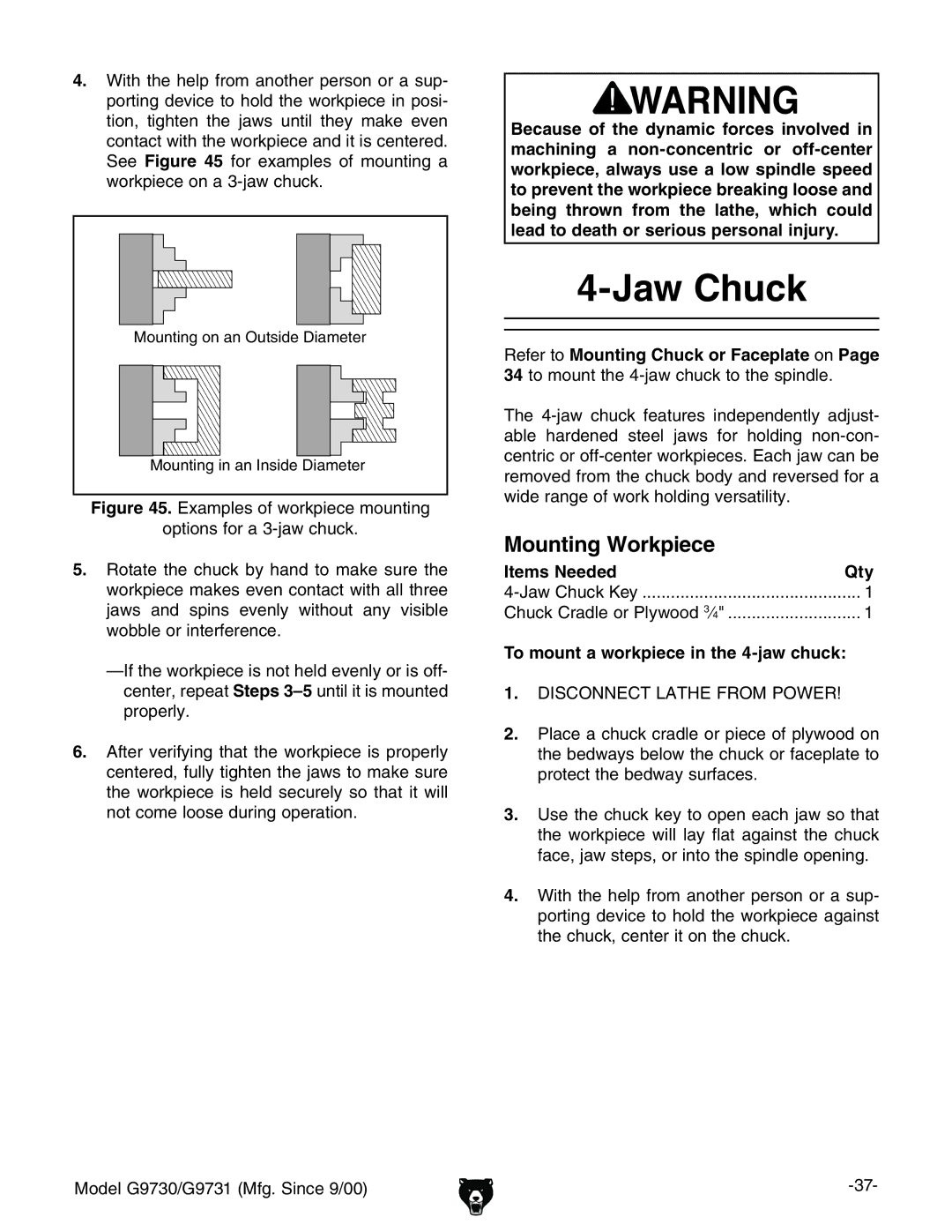 Grizzly G9731, G9730 To mount a workpiece in the 4-jaw chuck, Bdjcic\dcVcDjihYZ9VbZiZg Bdjcic\cVcchYZ9VbZiZg 