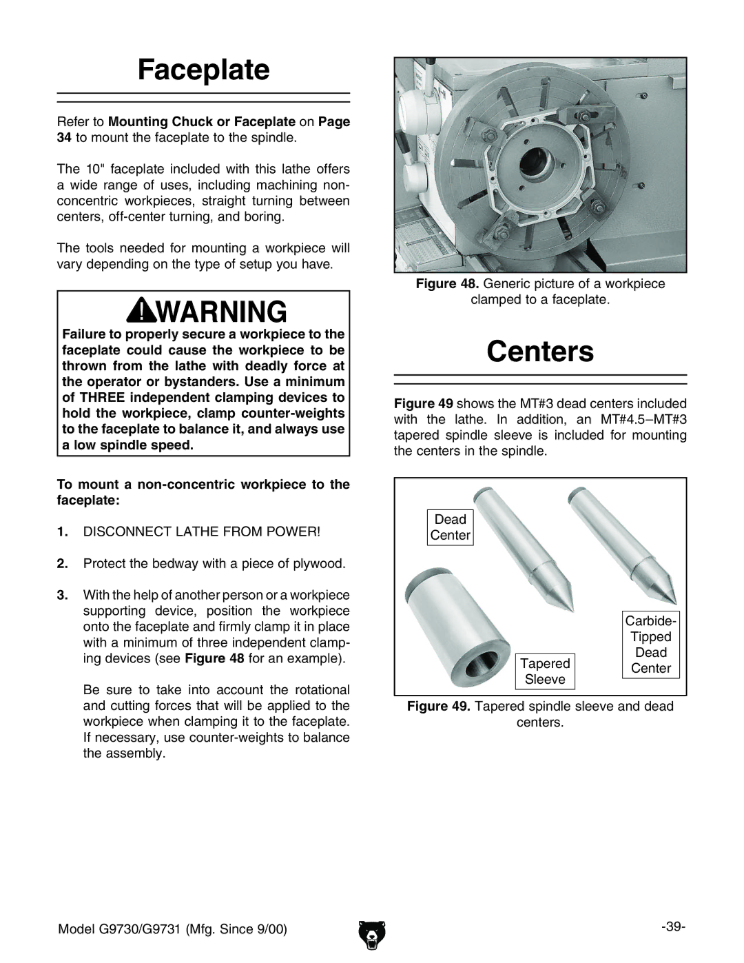 Grizzly G9731, G9730 owner manual Faceplate, Centers, 8ZciZg 8VgWYZ IeeZY, IVeZgZY 8ZciZg HaZZkZ 