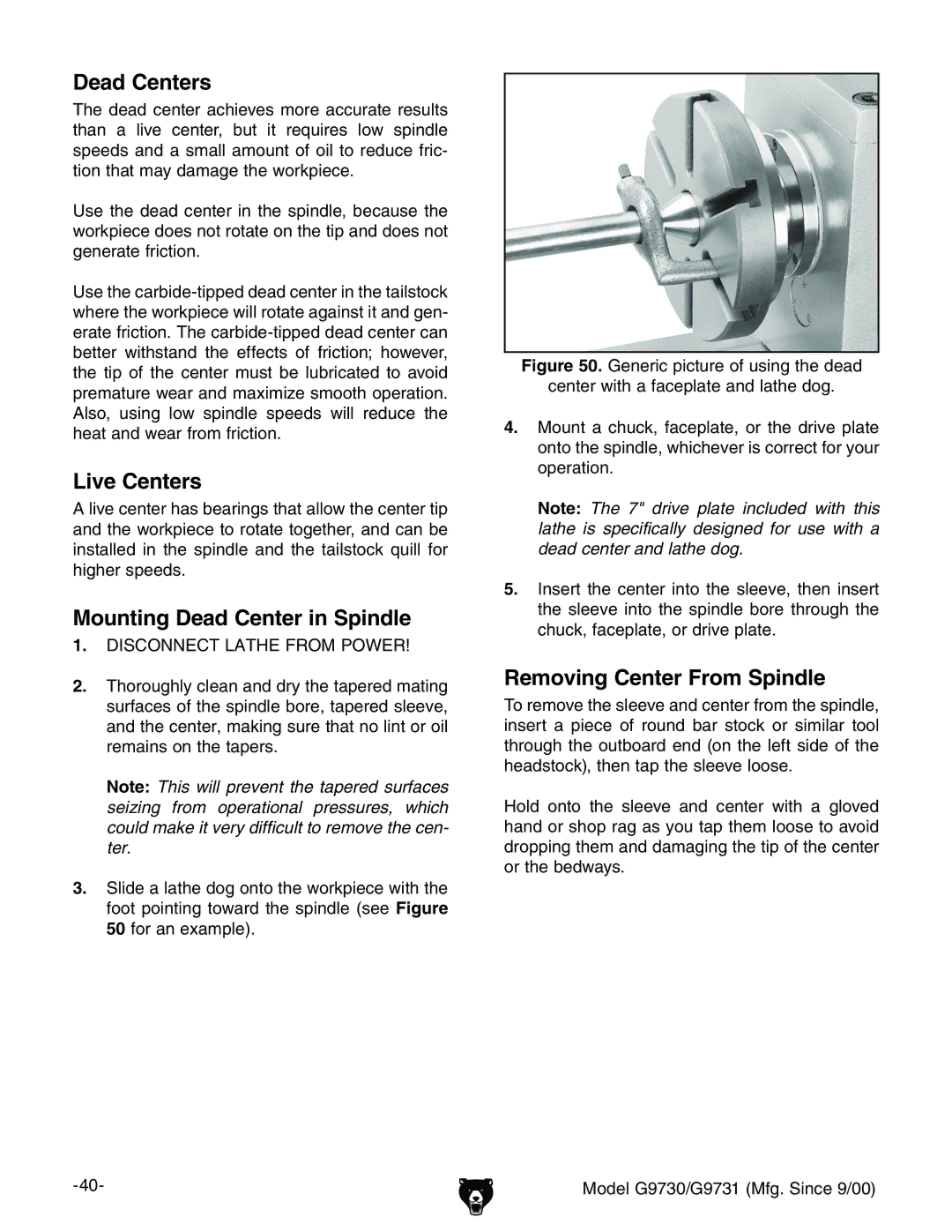 Grizzly G9730, G9731 owner manual Dead Centers, Live Centers, Mounting Dead Center in Spindle, Removing Center From Spindle 