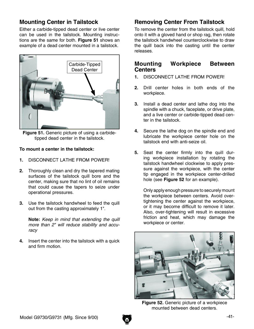 Grizzly G9731, G9730 Mounting Center in Tailstock, Removing Center From Tailstock, Mounting Workpiece Between Centers 