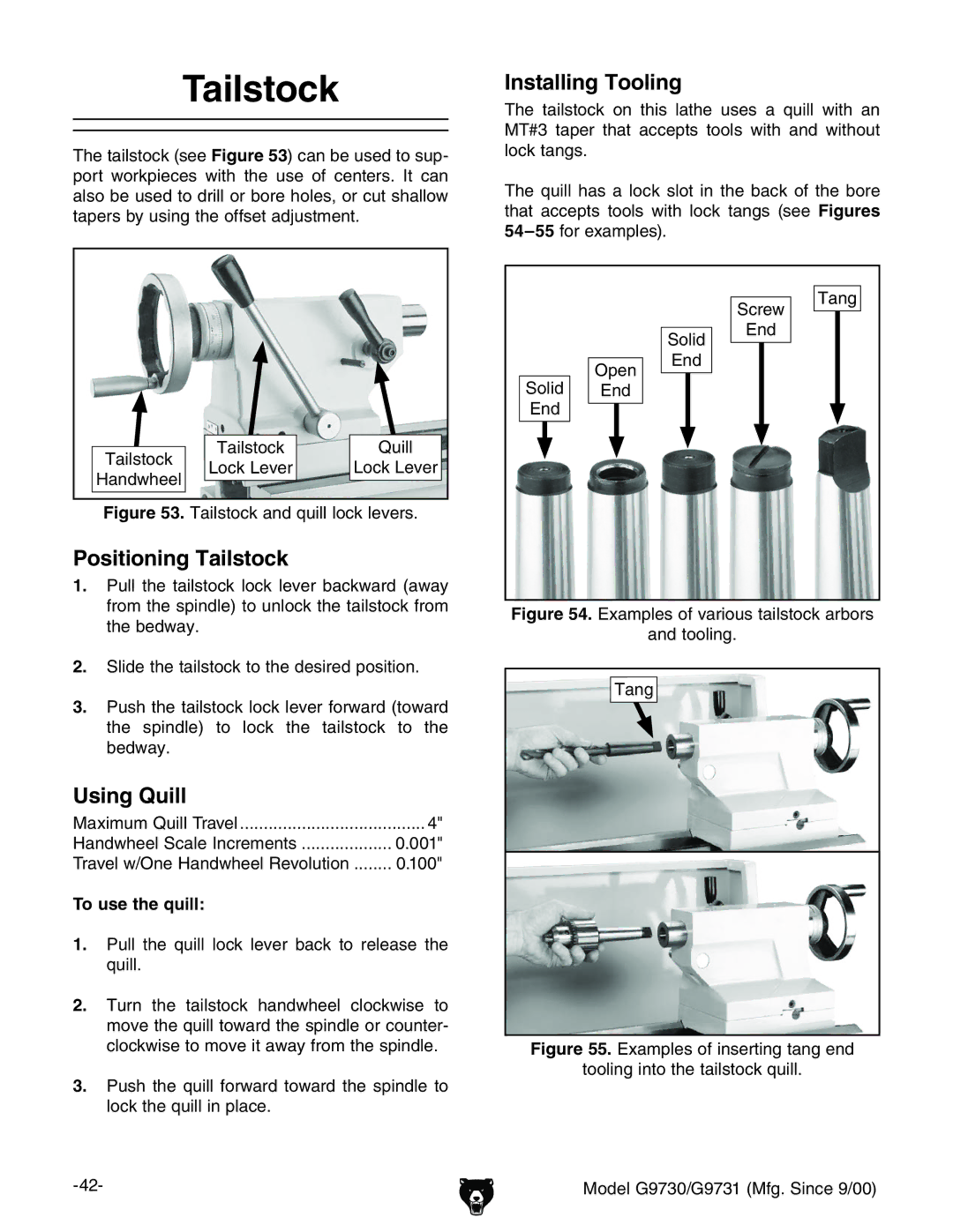 Grizzly G9730, G9731 owner manual Installing Tooling, Positioning Tailstock, Using Quill, To use the quill 