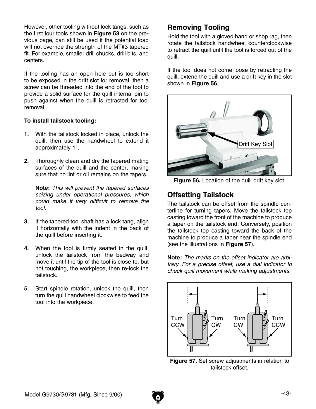 Grizzly G9731, G9730 Removing Tooling, Offsetting Tailstock, To install tailstock tooling, 9gi@ZnHadi, Ijgc 88L 