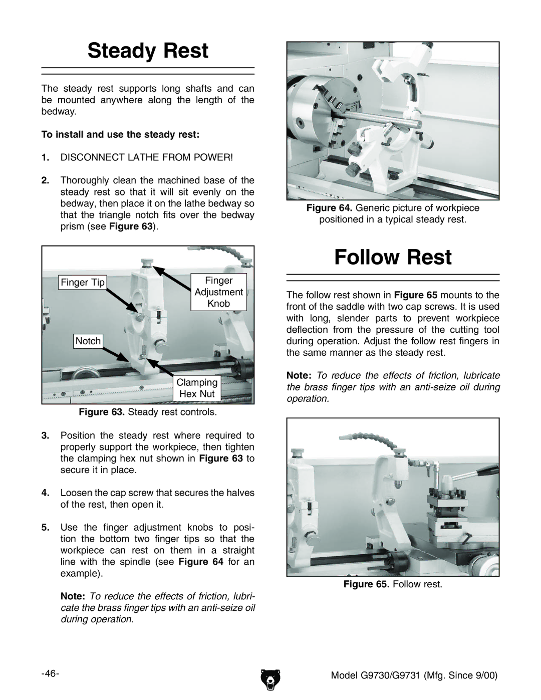 Grizzly G9730, G9731 Steady Rest, Follow Rest, To install and use the steady rest, ZgIe 6YjhibZci, CdiX 8aVbec 