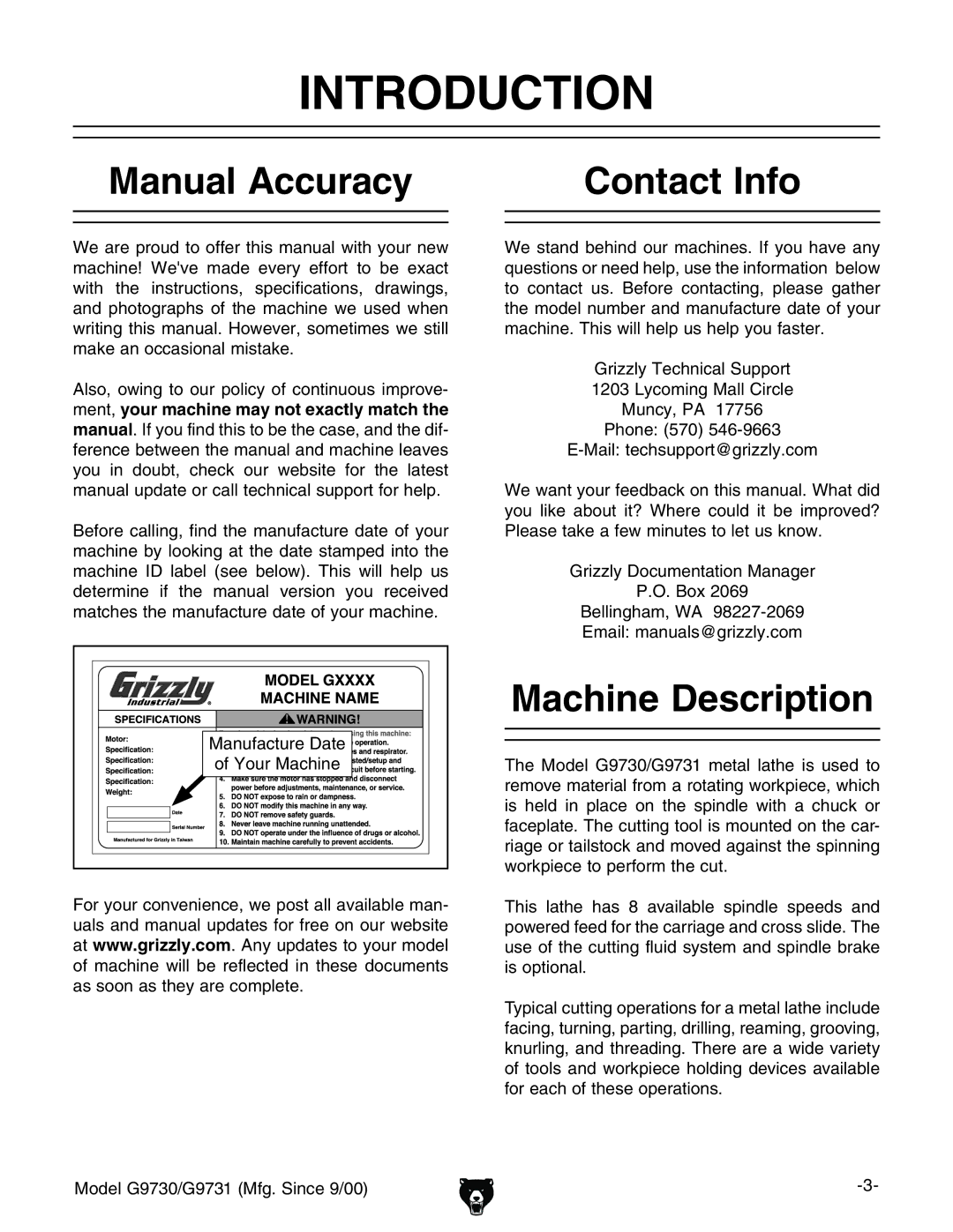 Grizzly G9731, G9730 Manual Accuracy Contact Info, Machine Description, NdjgBVXcZ, Gooan9dXjbZciVidcBVcV\Zg #D#7dm%+ 