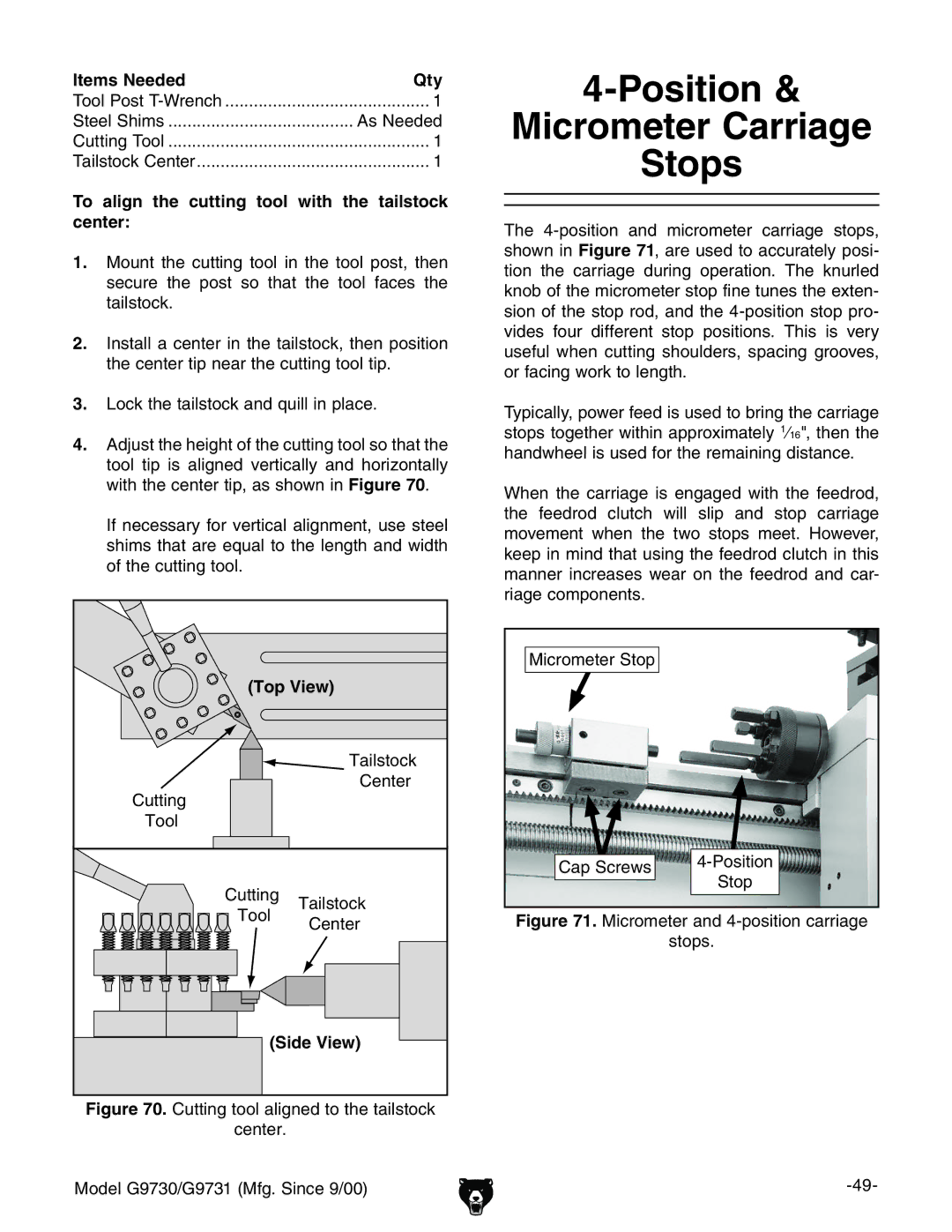 Grizzly G9731 Position Micrometer Carriage Stops, To align the cutting tool with the tailstock center, Top View, Side View 