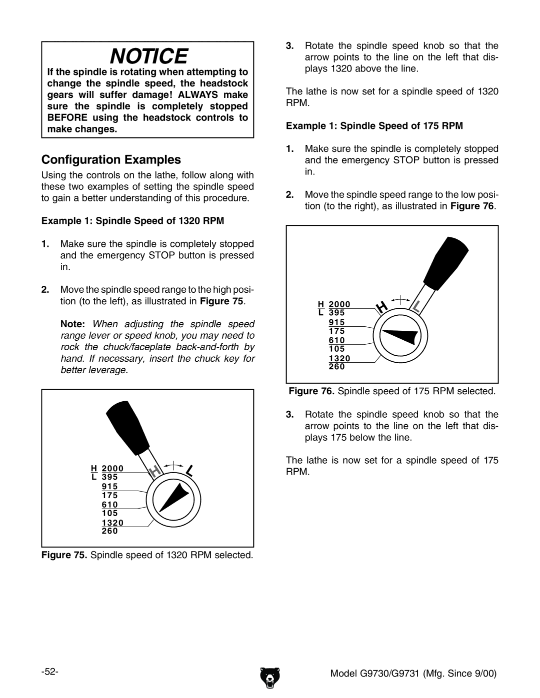 Grizzly G9730, G9731 Configuration Examples, Example 1 Spindle Speed of 1320 RPM, Example 1 Spindle Speed of 175 RPM 