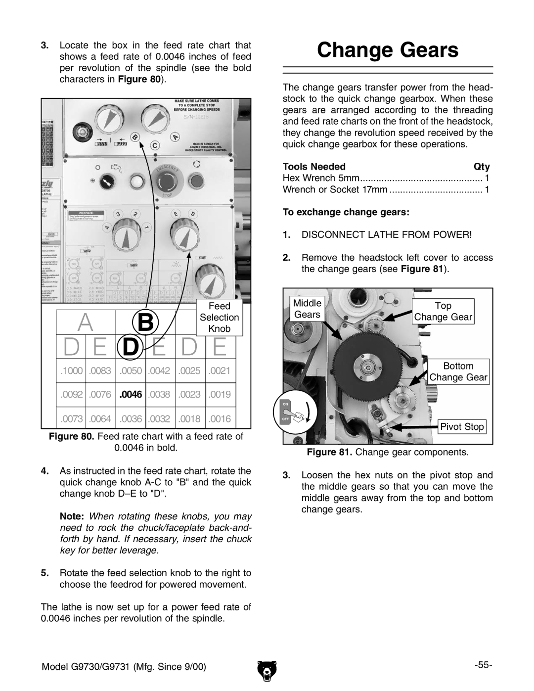 Grizzly G9731, G9730 owner manual Change Gears, To exchange change gears, Ide, ZVgh 8Vc\ZZVg 7diidb EkdiHide 