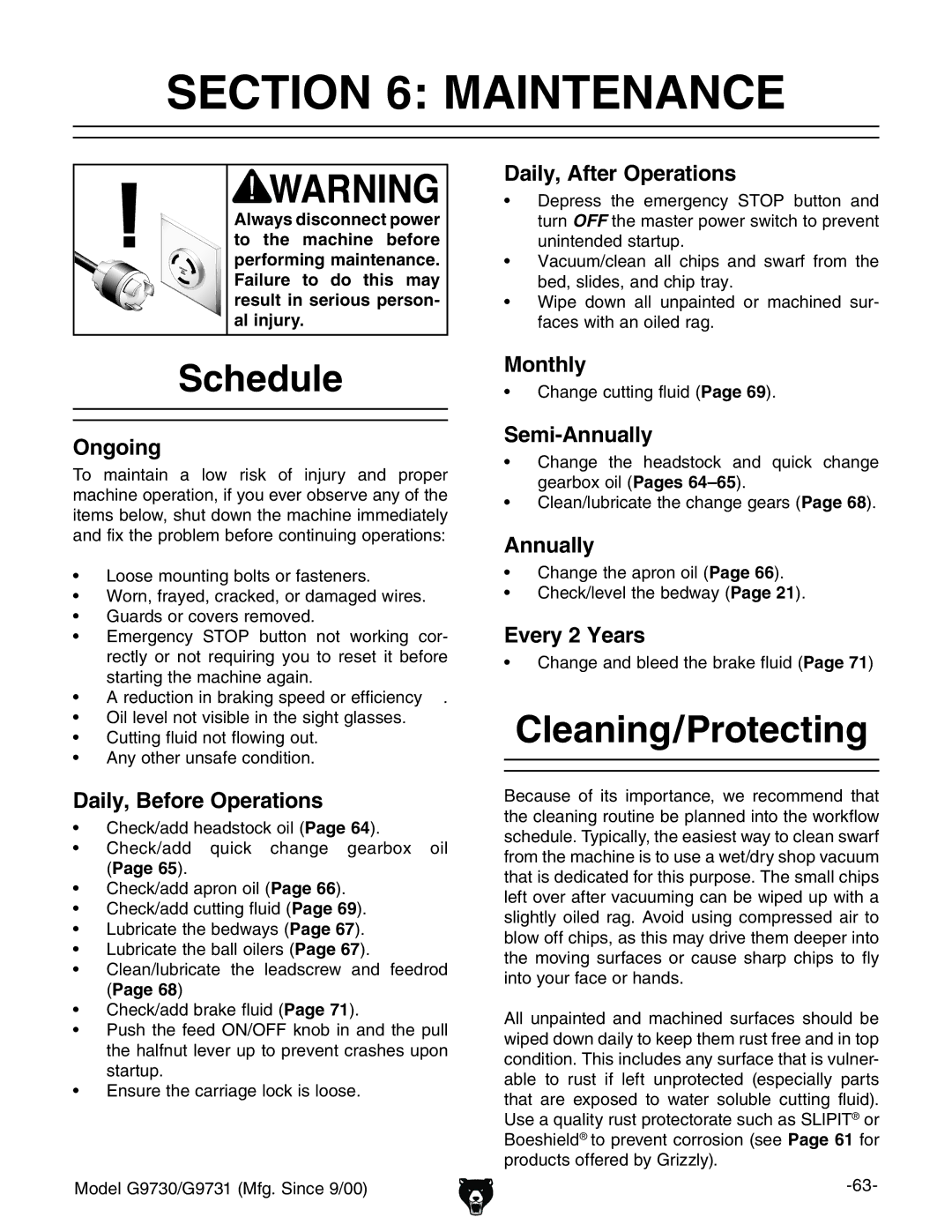 Grizzly G9731, G9730 owner manual Schedule, Cleaning/Protecting 