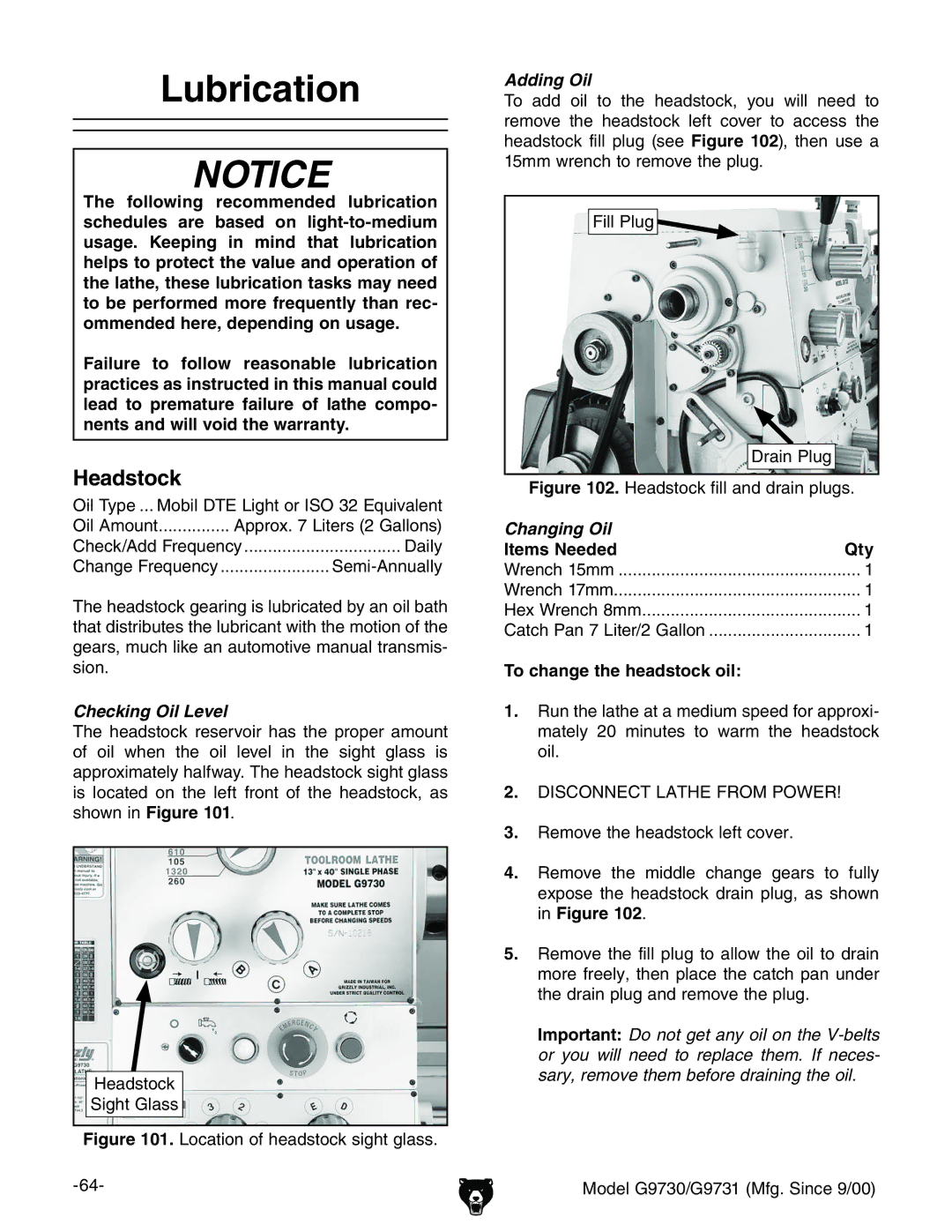 Grizzly G9730, G9731 owner manual Lubrication, Headstock, =ZVYhidX` H\iaVhh, AaEaj\ 9gVcEaj, To change the headstock oil 