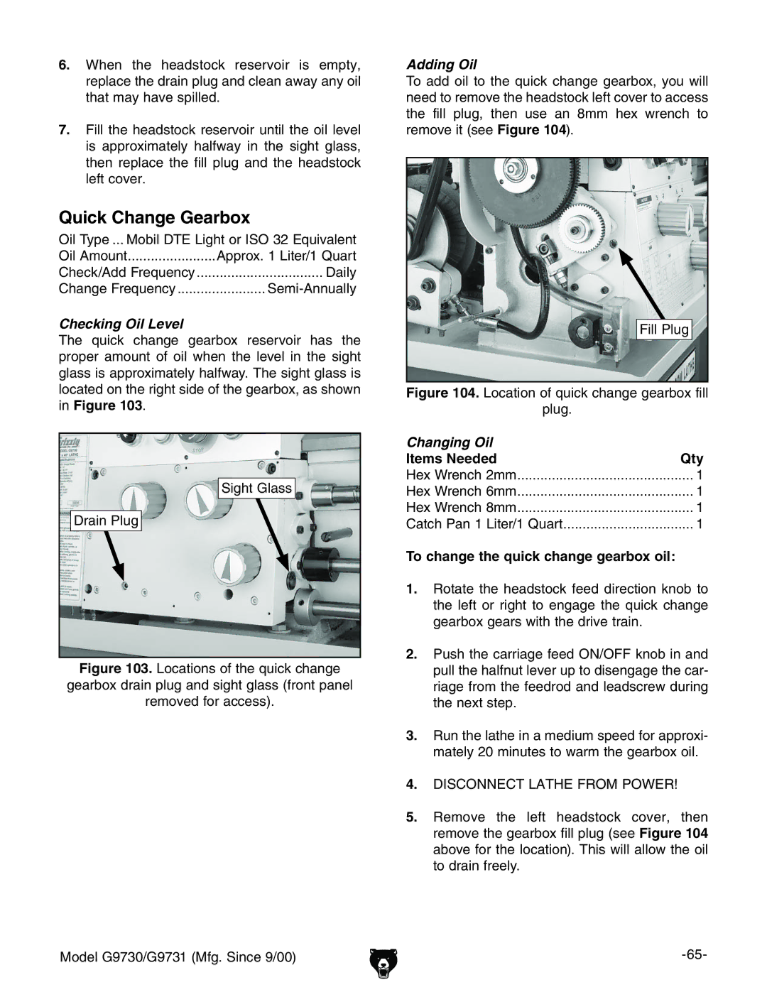 Grizzly G9731, G9730 owner manual Quick Change Gearbox, iaVhh 9gVcEaj, AaEaj, To change the quick change gearbox oil 