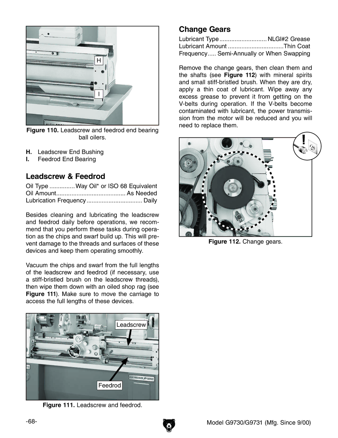 Grizzly G9730, G9731 owner manual Leadscrew & Feedrod, Change Gears, WVaadaZgh#  AZVYhXgZlcY7jhc\  ZZYgdYcY7ZVgc 