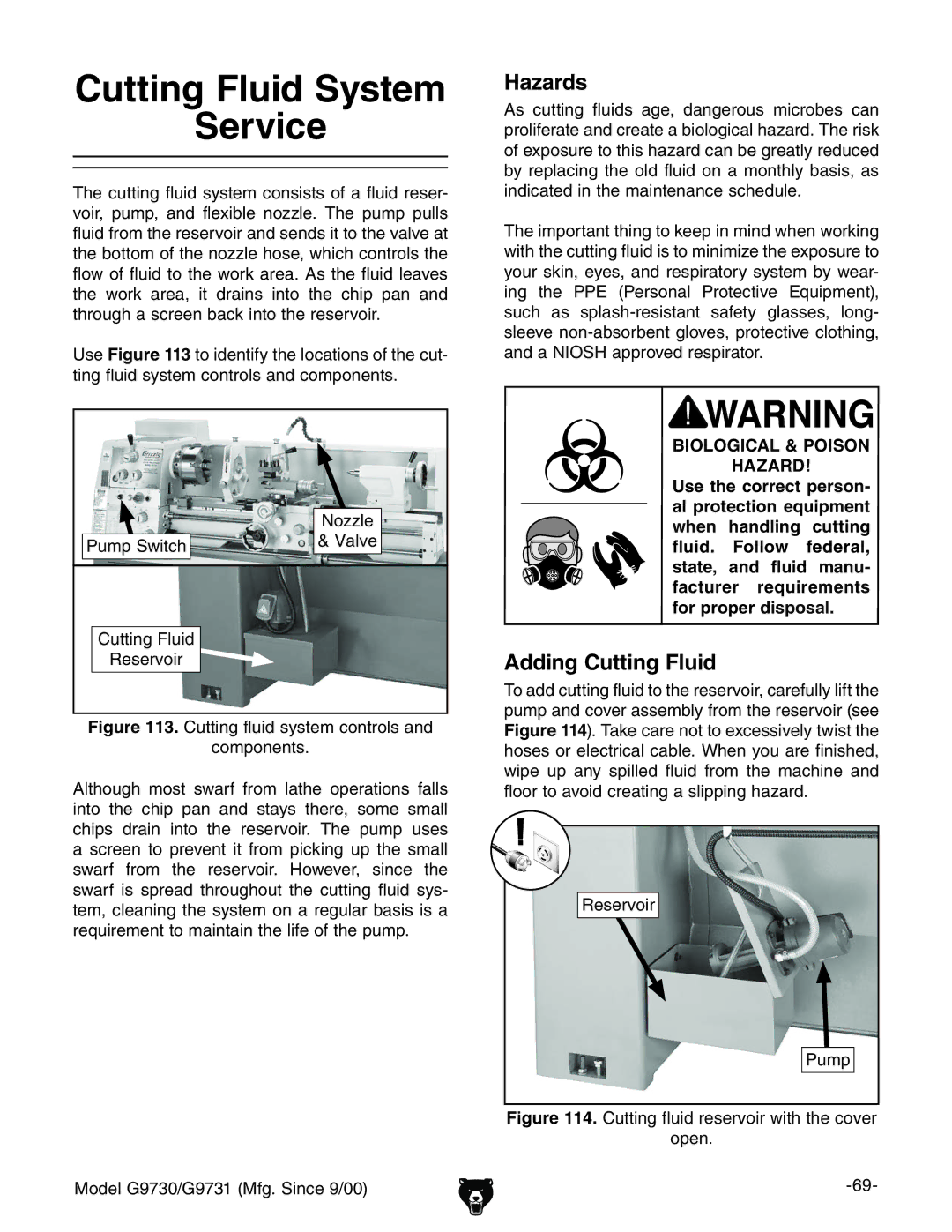 Grizzly G9731, G9730 owner manual Cutting Fluid System Service, Hazards, Adding Cutting Fluid, GZhZgkdg Ejbe 