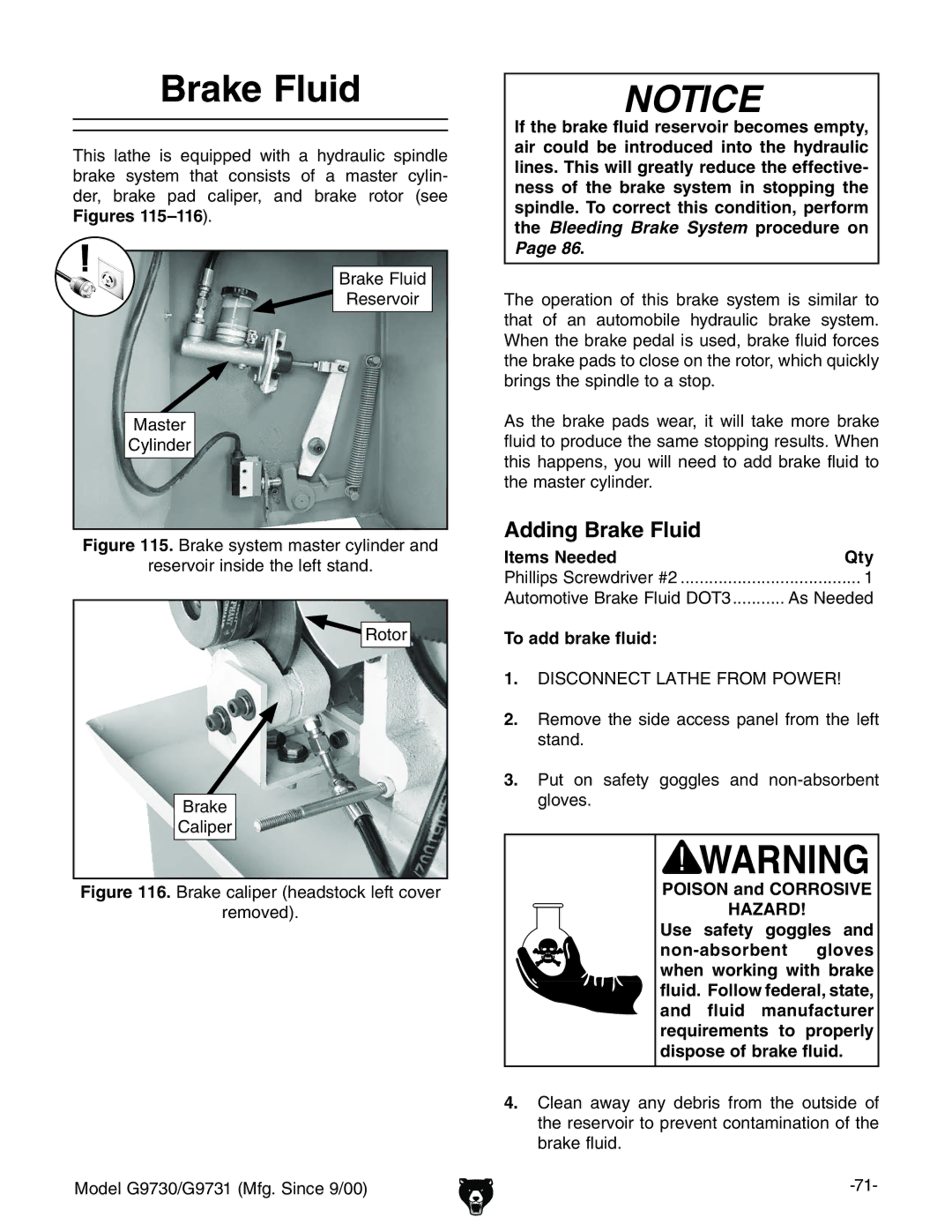 Grizzly G9731, G9730 owner manual Adding Brake Fluid, To add brake fluid, Poison and Corrosive 