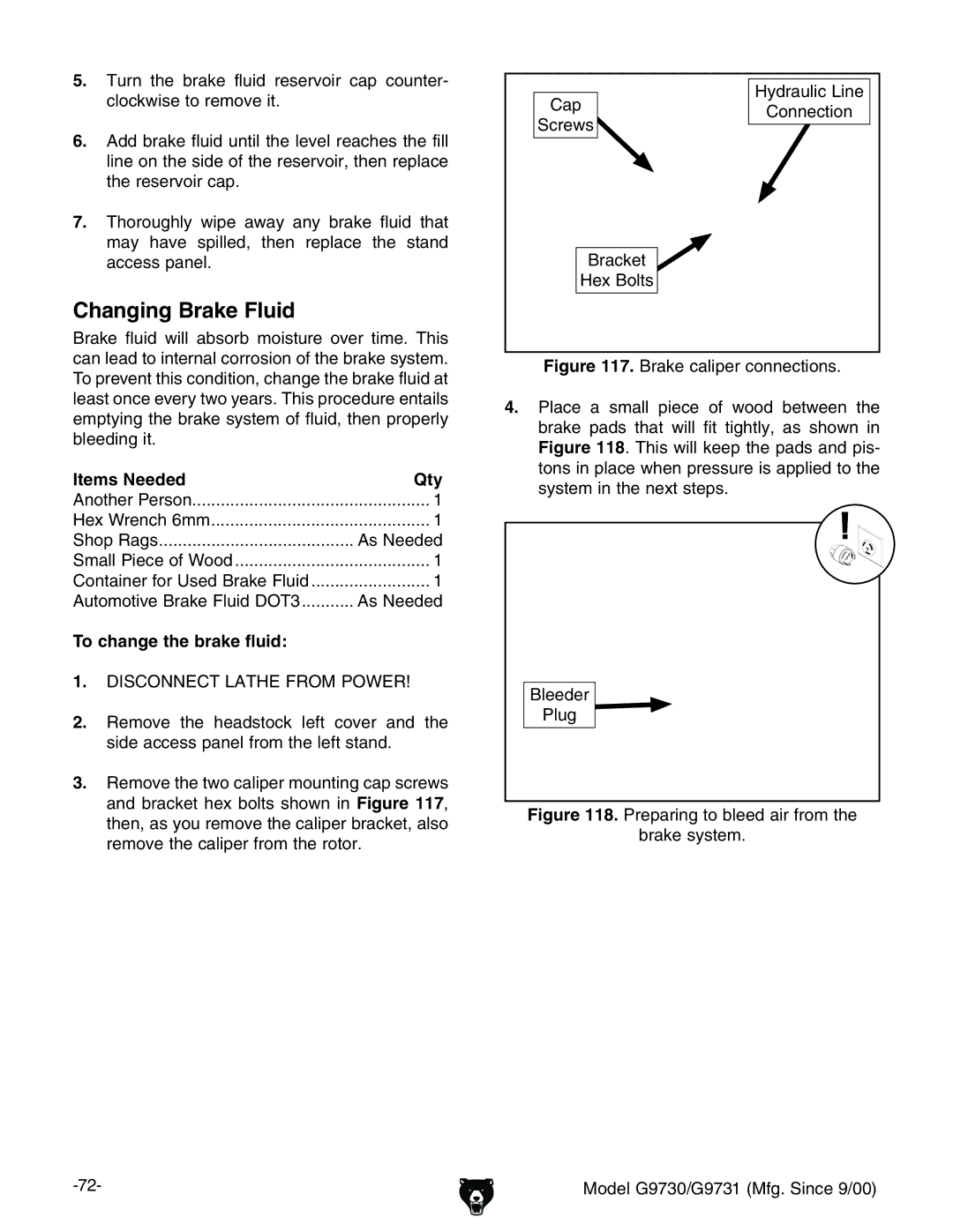 Grizzly G9730, G9731 Changing Brake Fluid, 8Ve HXgZlh 7gVX`Zi =Zm7daih =nYgVjaXAcZ 8dccZXidc, To change the brake fluid 