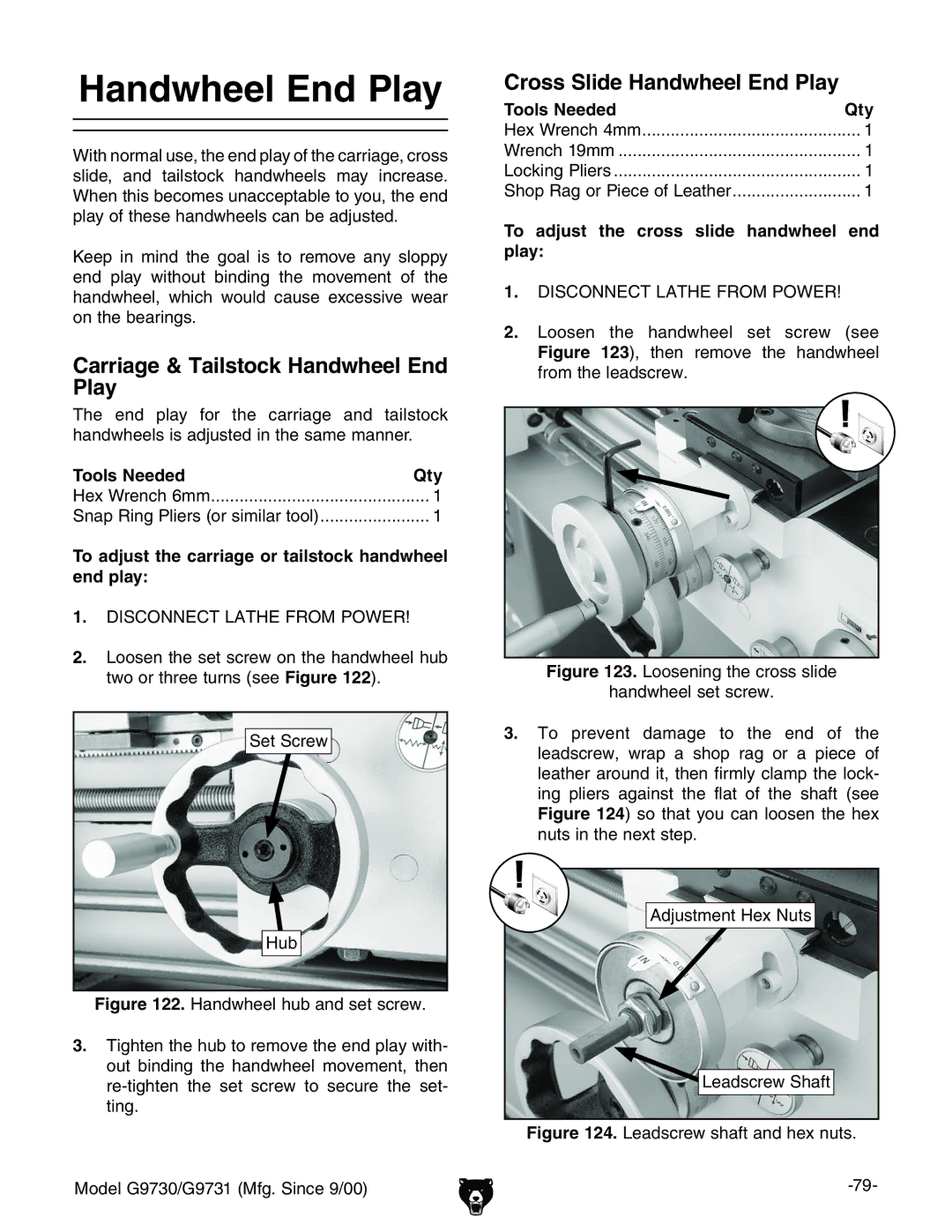 Grizzly G9731, G9730 owner manual Carriage & Tailstock Handwheel End Play, Cross Slide Handwheel End Play 