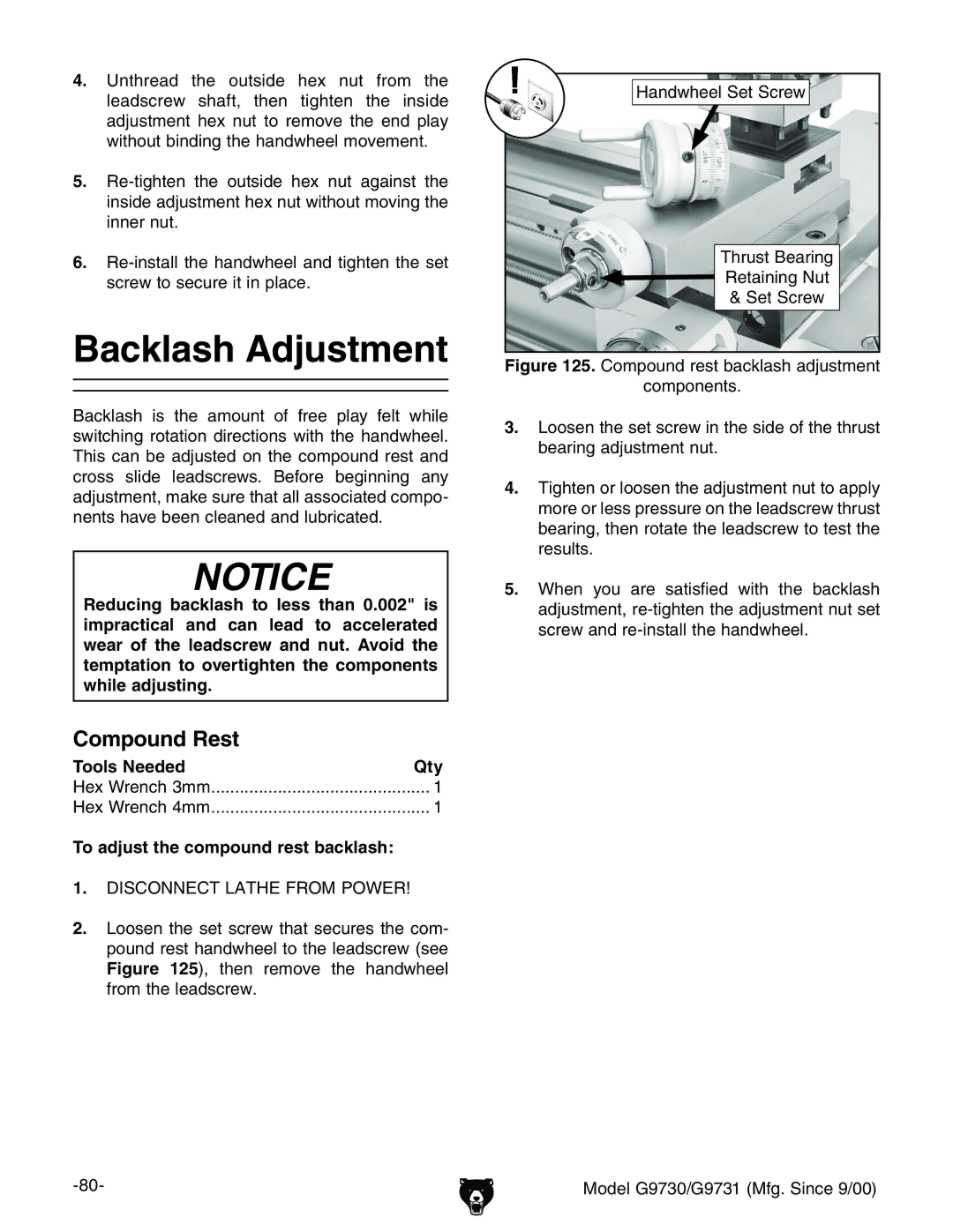 Grizzly G9730, G9731 Backlash Adjustment, Compound Rest, =VcYlZZaHZiHXgZl Igjhi7ZVgc\ GZiVcc\Cji HZiHXgZl 