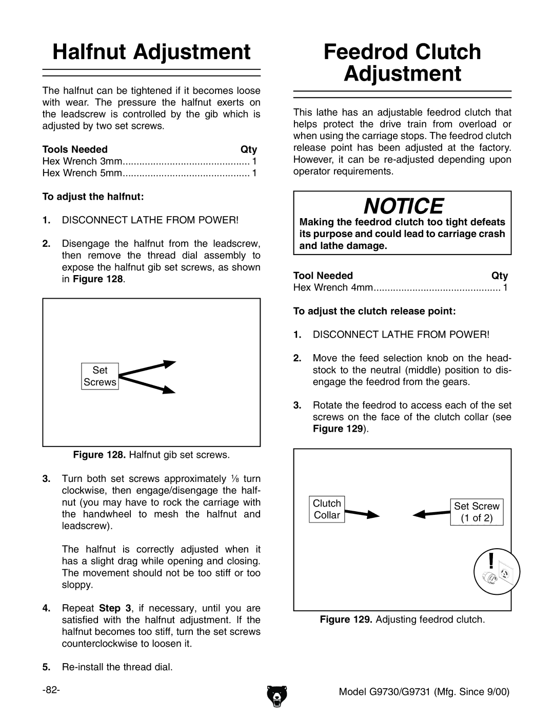 Grizzly G9730 Halfnut Adjustment, Feedrod Clutch Adjustment, To adjust the halfnut, To adjust the clutch release point 