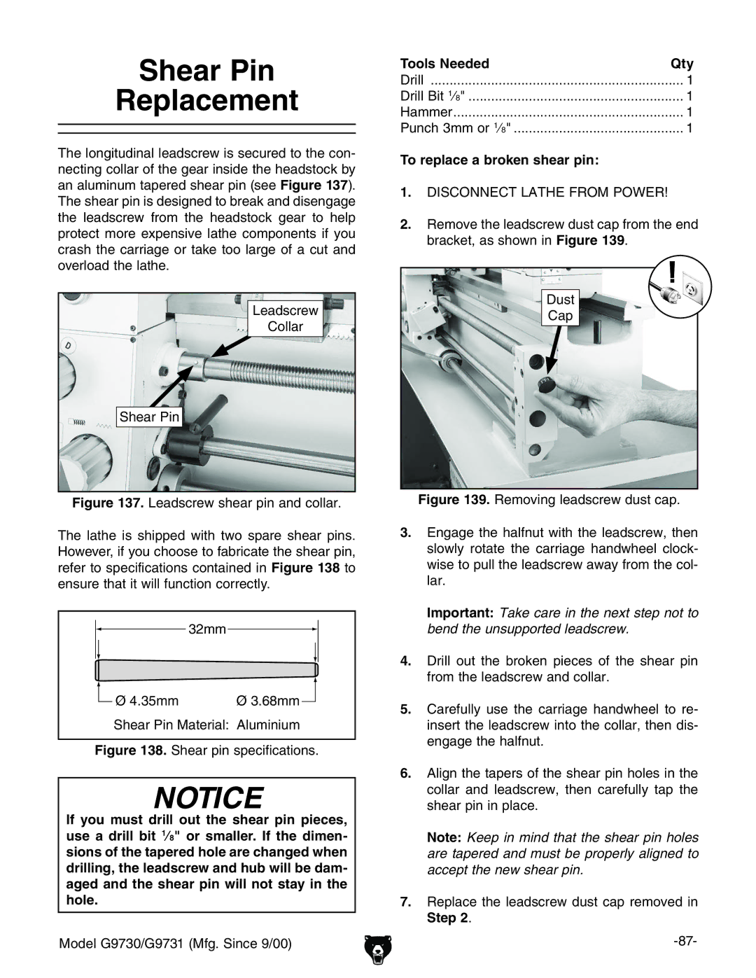 Grizzly G9731, G9730 owner manual Shear Pin Replacement, To replace a broken shear pin 