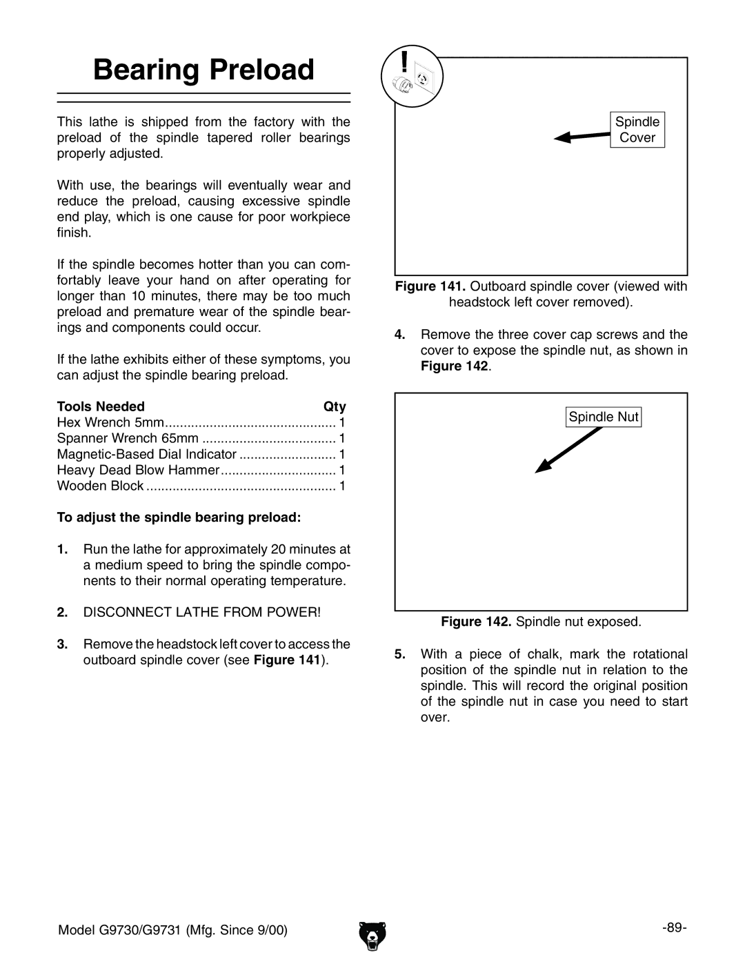 Grizzly G9731, G9730 owner manual Bearing Preload, To adjust the spindle bearing preload 