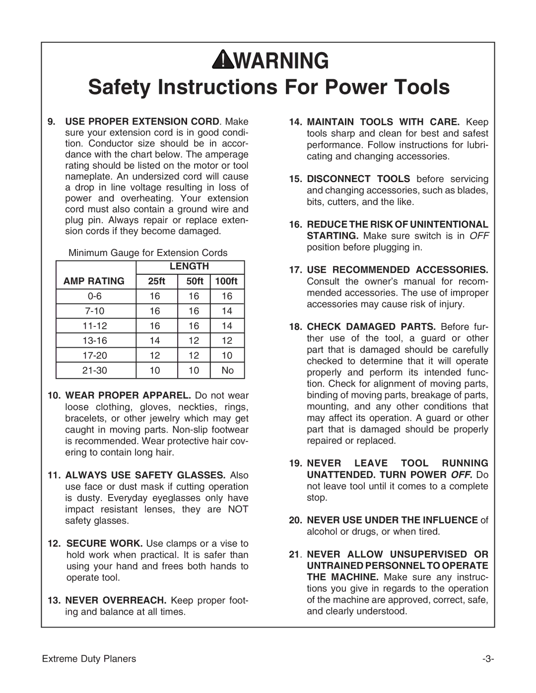 Grizzly G9740 instruction manual Length AMP Rating, 25ft 50ft 100ft 