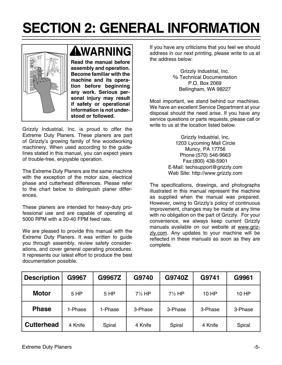 Grizzly G9740 instruction manual General Information 